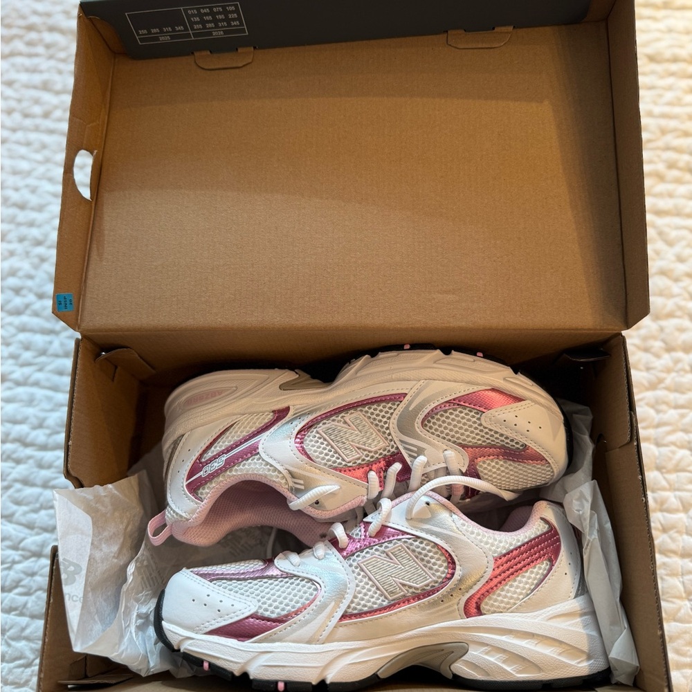 New Balance Kids White and Pink Sneakers